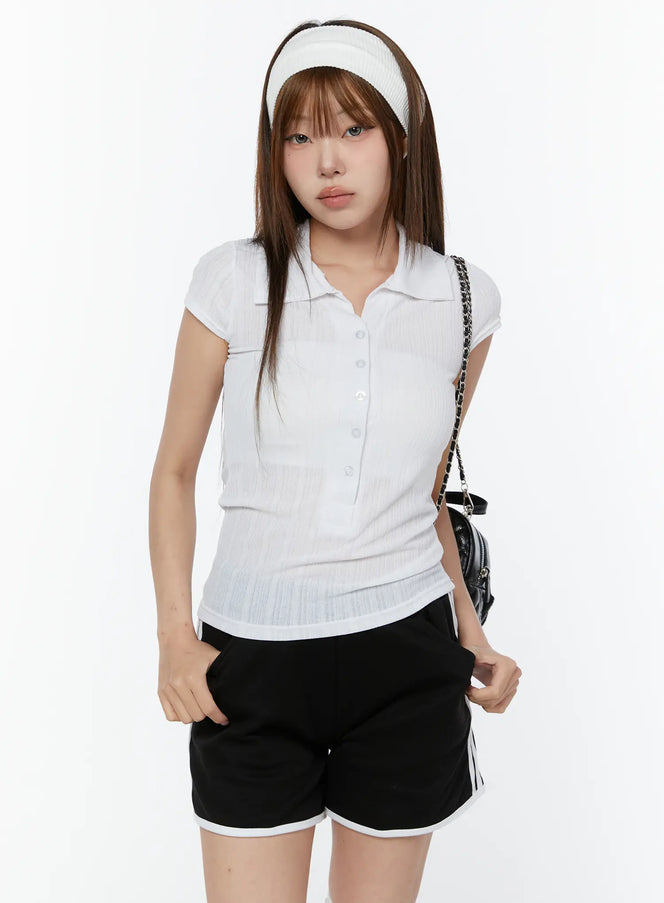 sheer-button-up-polo-shirt-cy518 / White