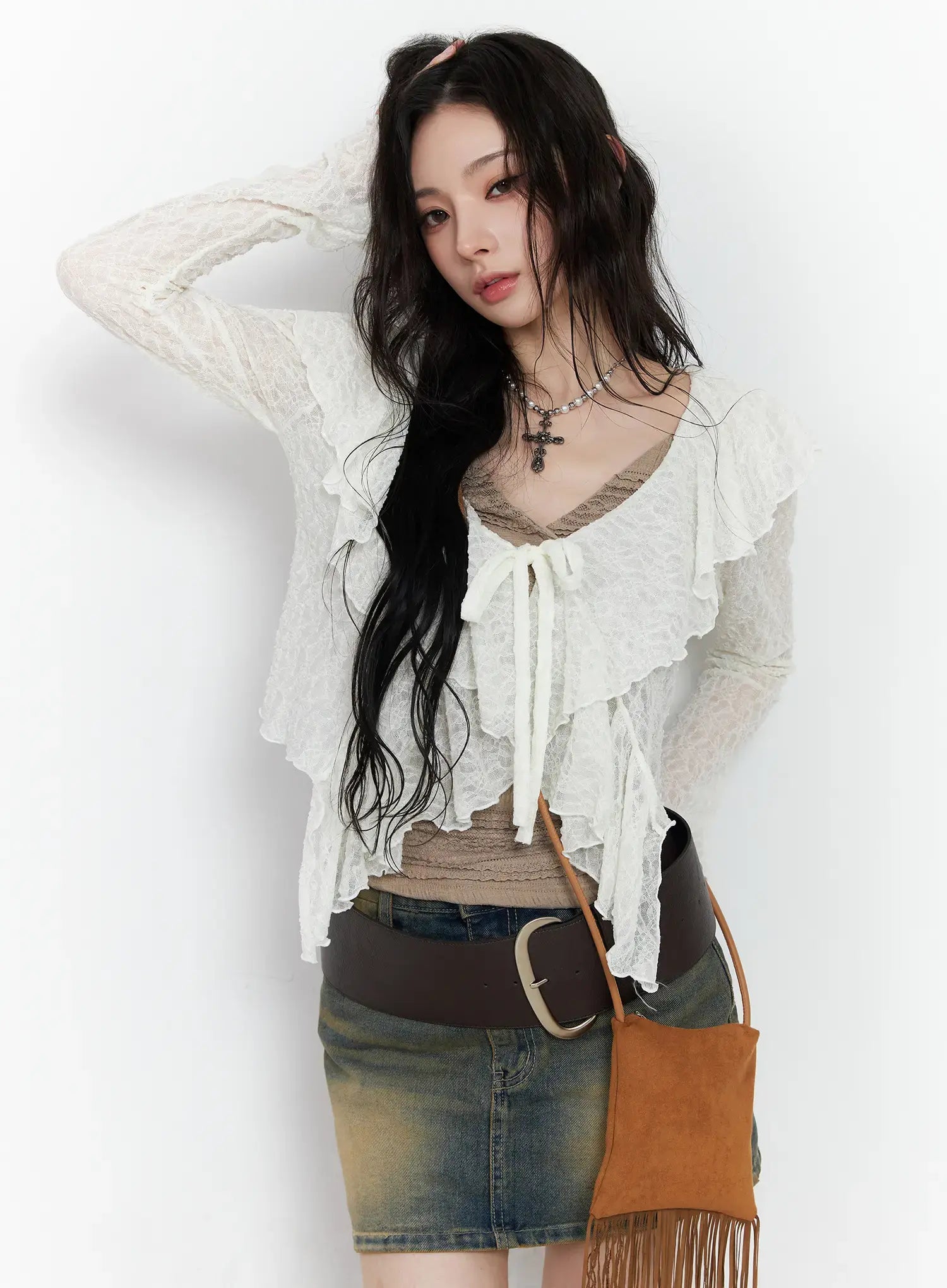 sheer-ruffle-ribbon-cardigan-cm518 / White