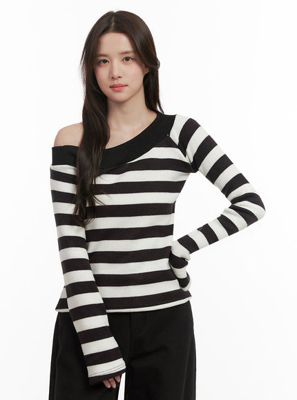 striped-one-shoulder-long-sleeve-top-ij510 / White