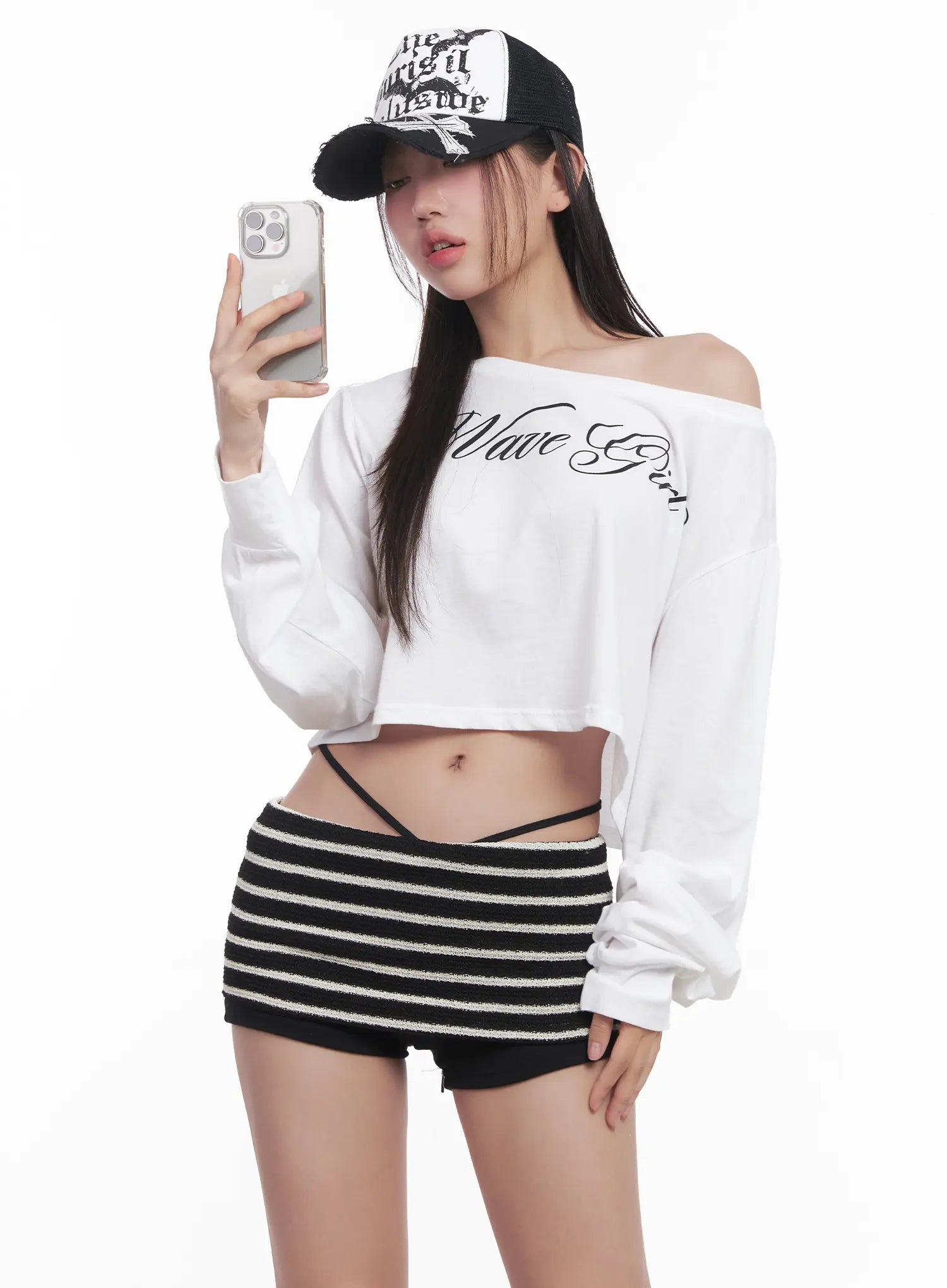 Long Sleeve Graphic Off-Shoulder Top CU516 - Korean Women's Long Sleeve Graphic Off-Shoulder Top CU516 - Korean Women's