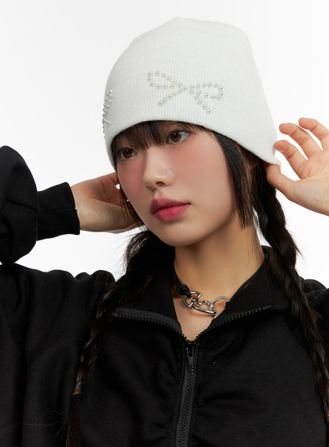 ribbon-beaded-beanie-if421 / White