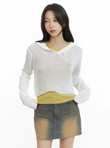 hooded-crop-summer-knit-top-cm426 / White