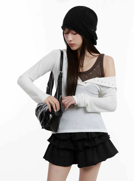 v-neck-button-slim-hooded-top-ij516 / White
