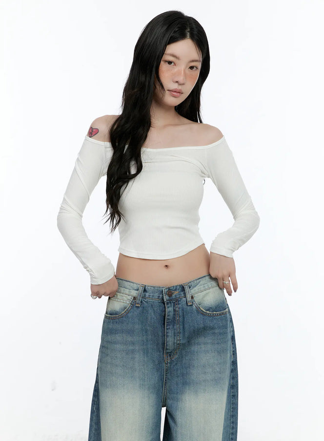 ribbed-off-shoulder-long-sleeve-cn517 / White