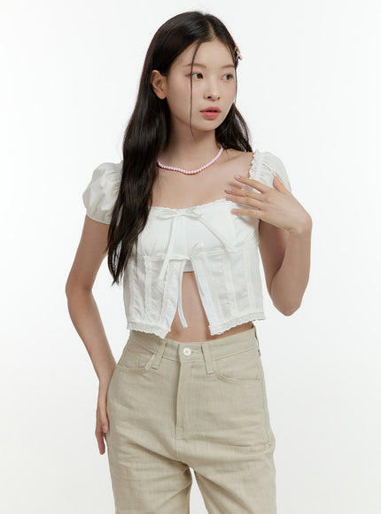 square-neck-ribbon-lace-crop-blouse-ol430 / White