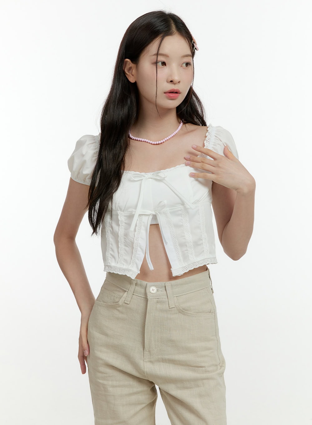 square-neck-ribbon-lace-crop-blouse-ol430 / White