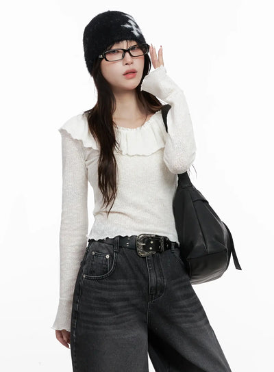 frilled-off-shoulder-long-sleeve-top-in514 / White