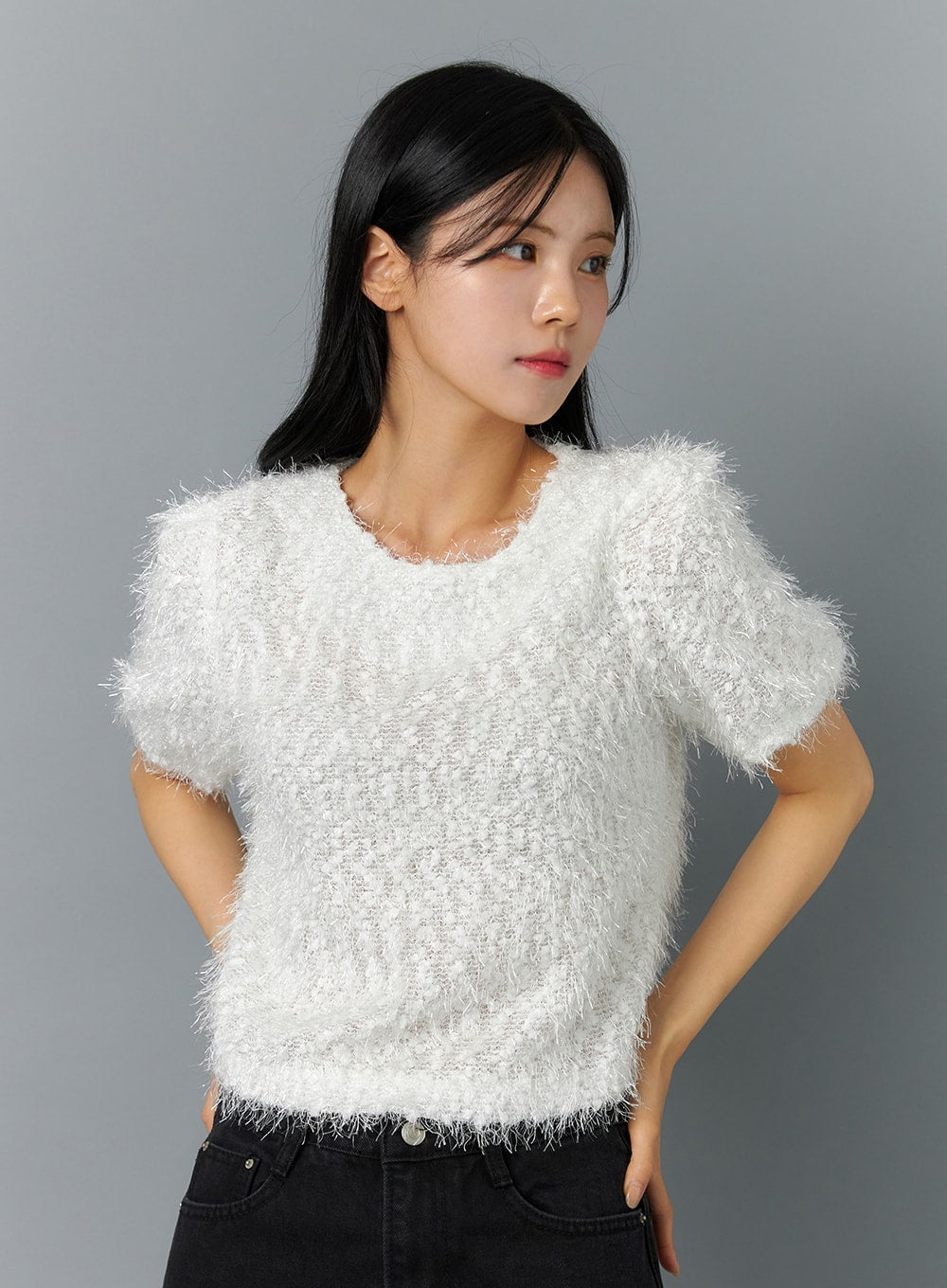 textured-short-sleeve-knit-sweater-on320 / White