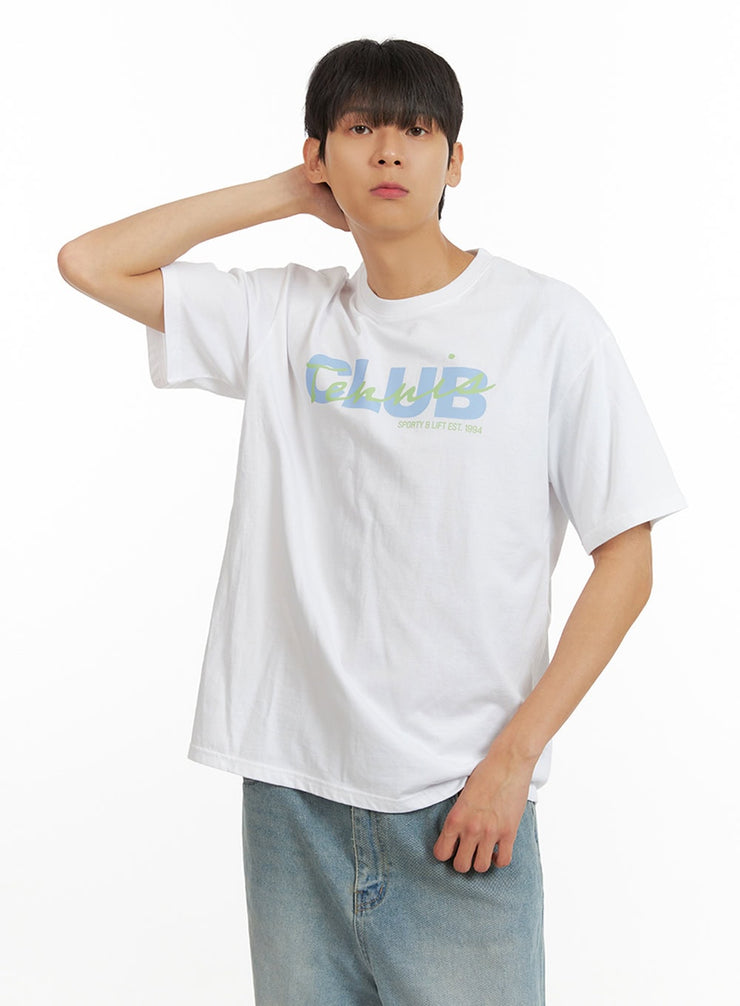 mens-lettering-round-neck-t-shirt-white-iu419 / White