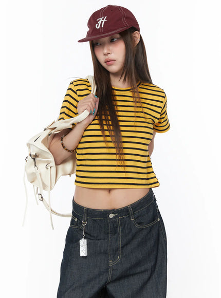 casual-striped-short-sleeve-top-cy529 / Yellow
