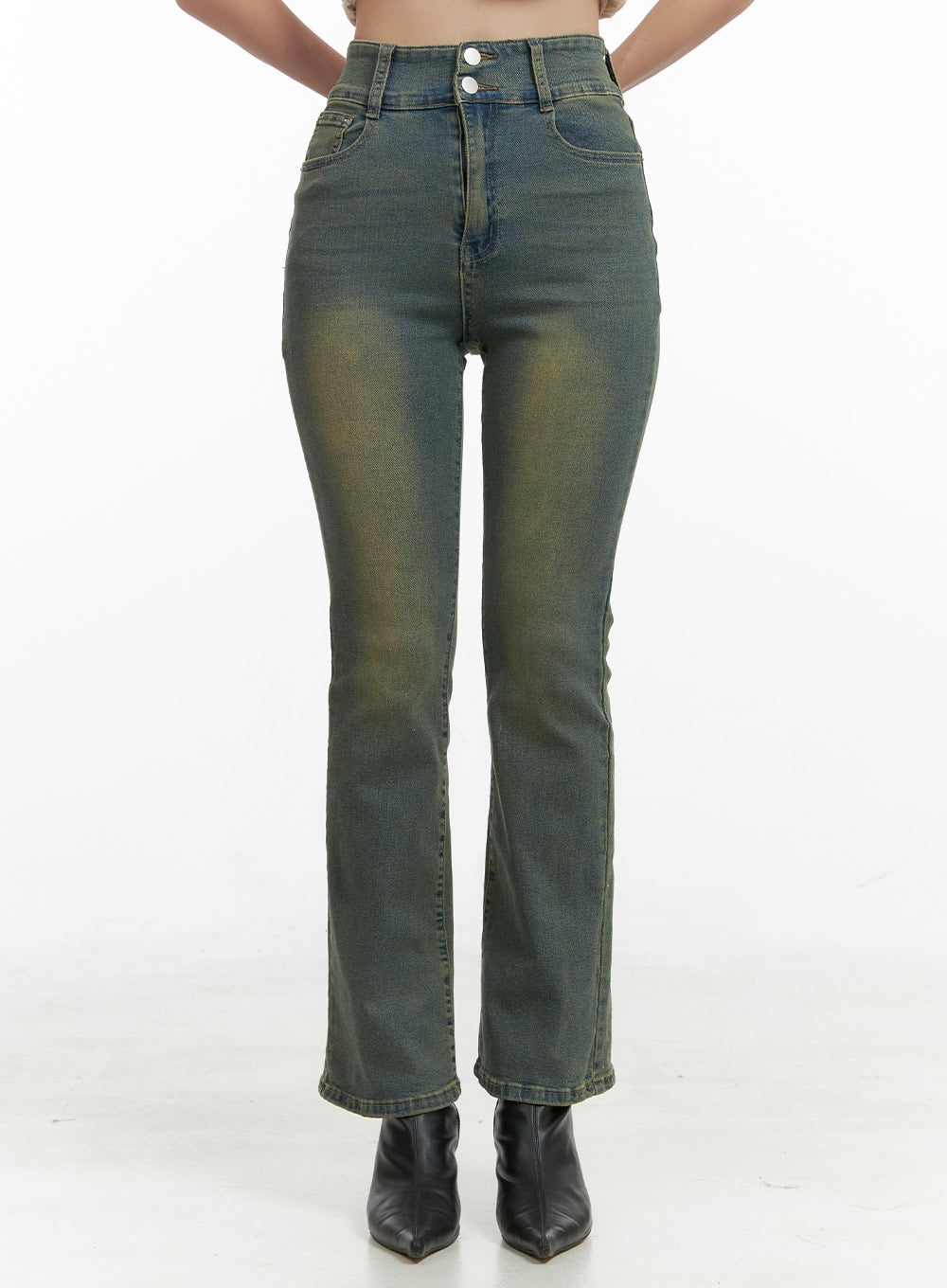 LEWKIN Pamela Belt Bootcut Jeans OG407 in Yellow, front crop view on model, slim-fit washed cotton denim with double-button waist, subtle bootcut hem, styled with black heeled boots.