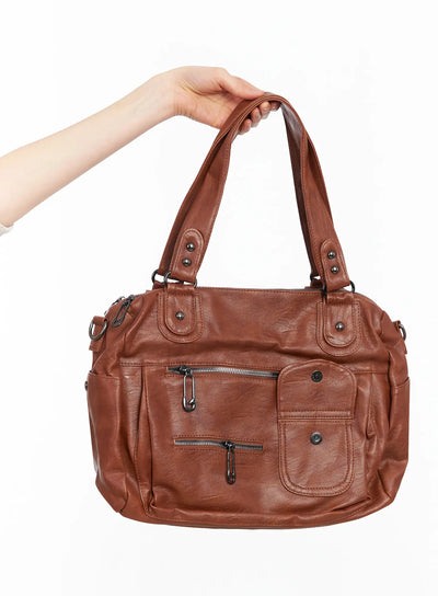multi-pocket-faux-leather-bag-ia523 / Brown