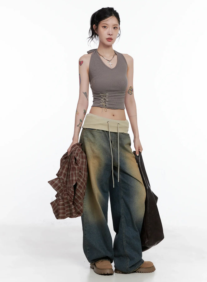Jemma Folded Waist Washed Baggy Jeans CS512 - Acubi style | LEWKIN Jemma Folded Waist Washed Baggy Jeans CS512 - Acubi style | LEWKIN