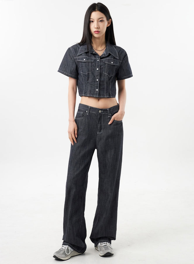 LEWKIN Low Rise Wide Pants CU312 in dark grey, full-length front view on model, wide-leg cotton-poly denim with contrast white stitching, paired with matching crop denim top and sneakers.