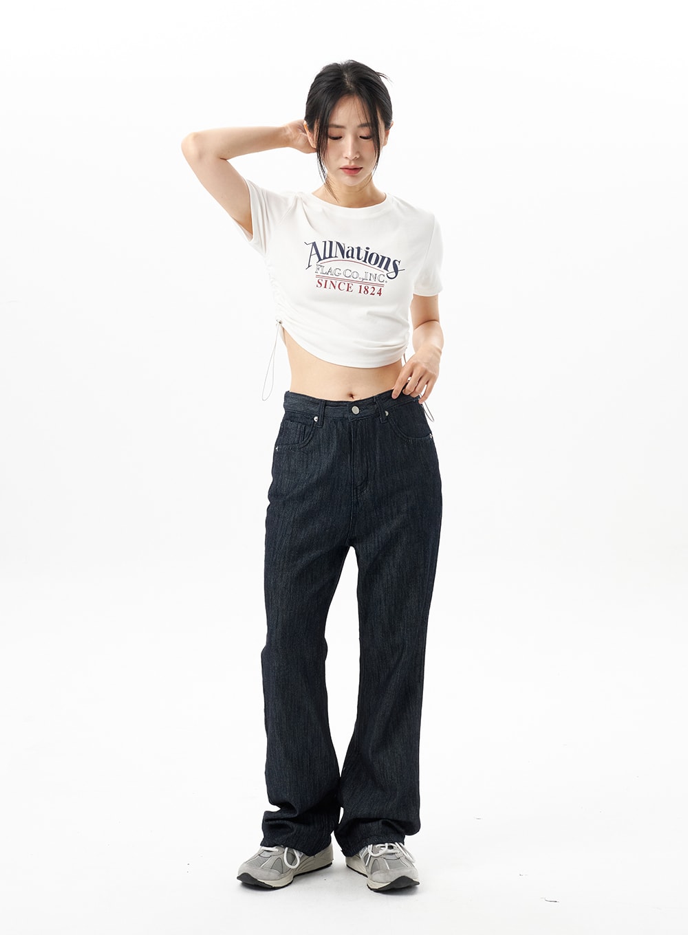 LEWKIN Dark Wash Mid-Rise Jeans OU314 in dark blue, full-length front view on model, bootcut cotton denim with mid-rise waist, paired with white crop tee and sneakers.