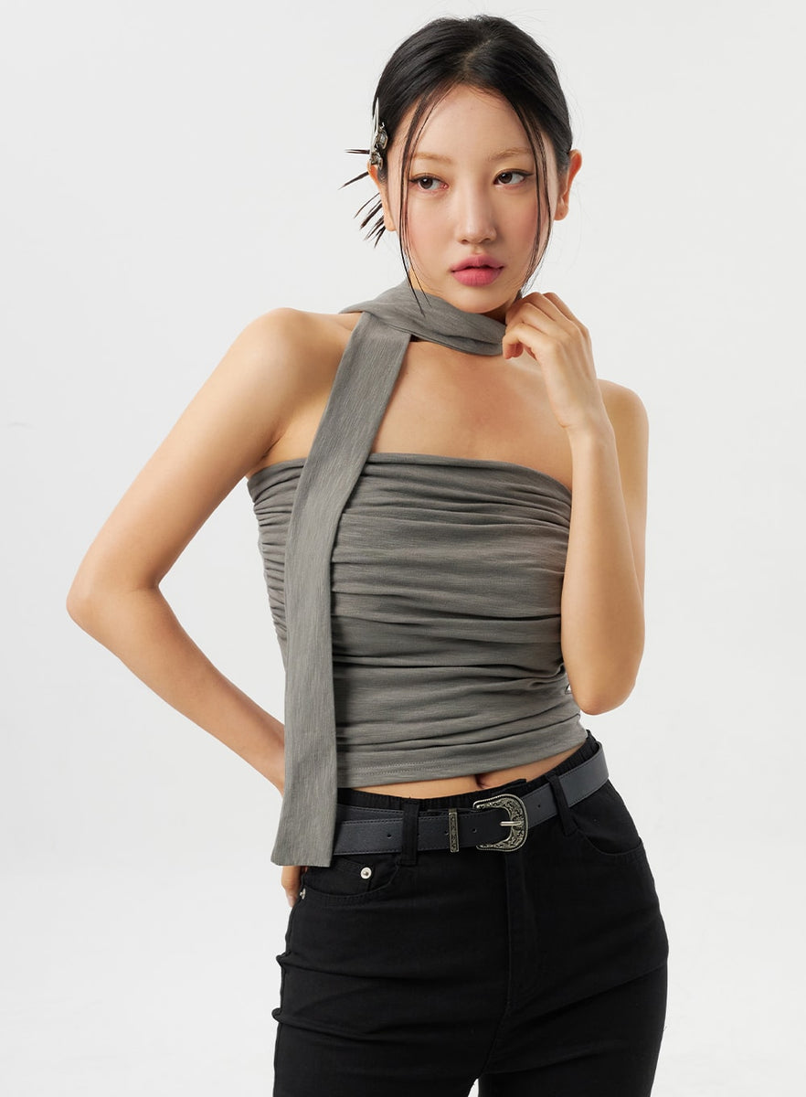 raw hem ruched back scarf top