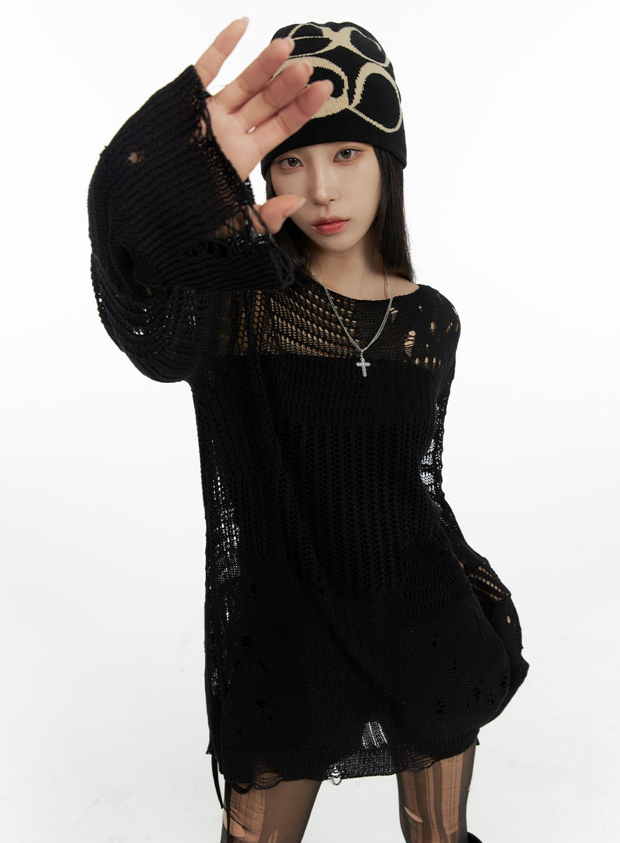 Dark Grunge Damaged Mesh Knit Top CF428 - Korean Women's Fashion 