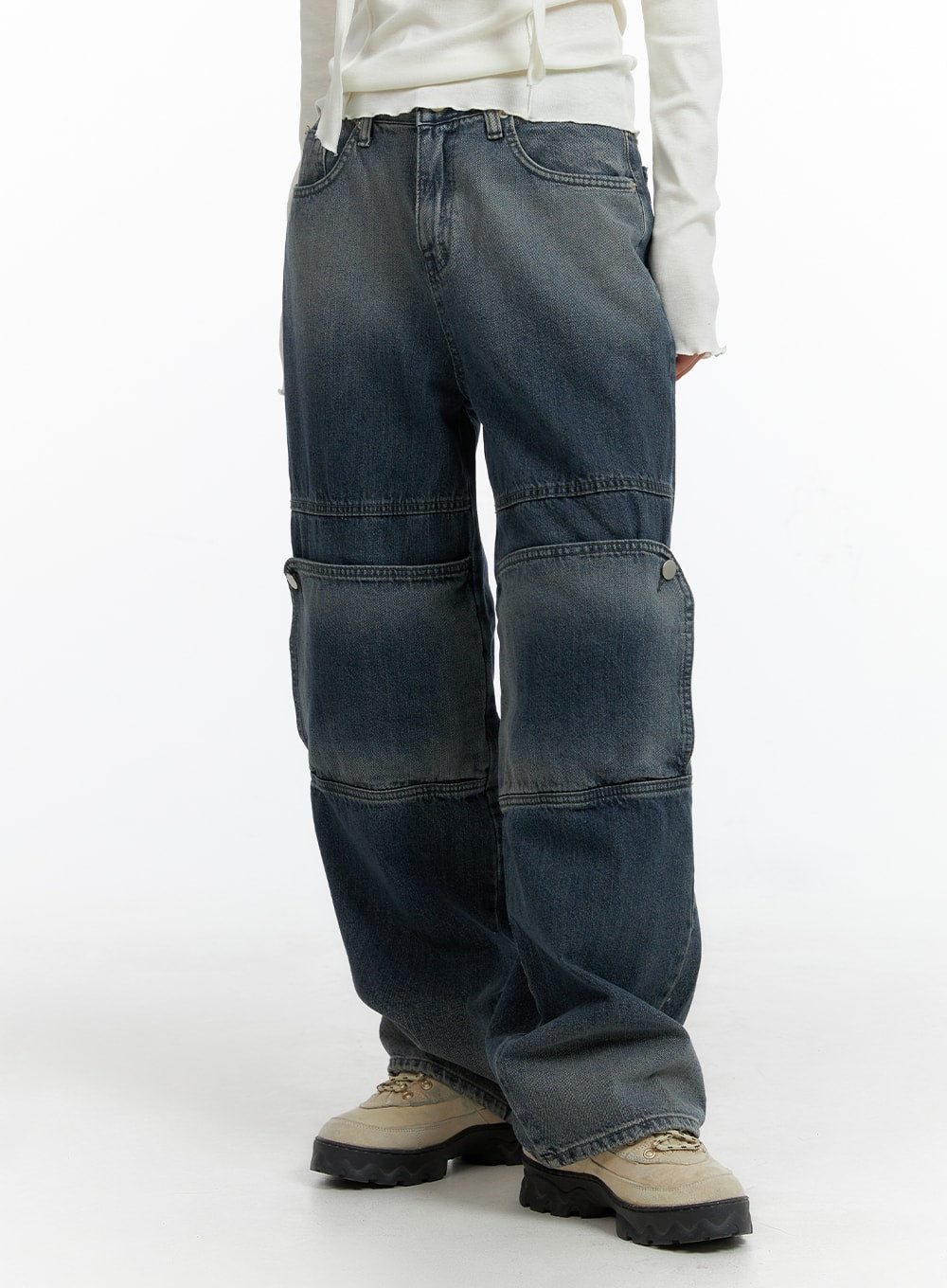 LEWKIN Denim Wide Leg Jeans CF408 in washed dark blue, front cropped shot on model, wide-fit cotton denim with paneled seams and side button pocket, styled with white top and chunky boots.