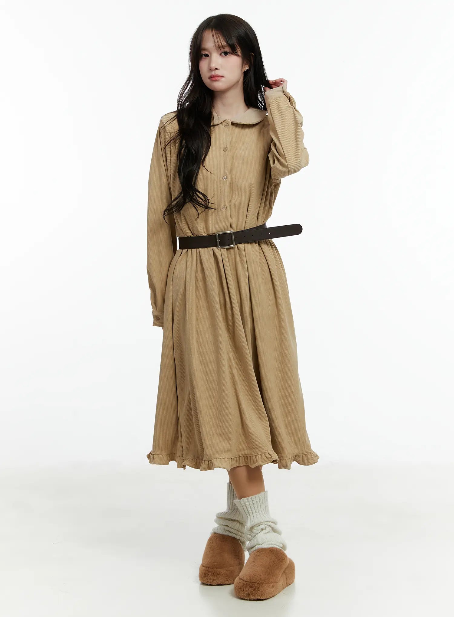 Collared Corduroy Long Sleeve Maxi Dress CD523 - Light beige S/M Collared Corduroy Long Sleeve Maxi Dress CD523 - Light beige S/M