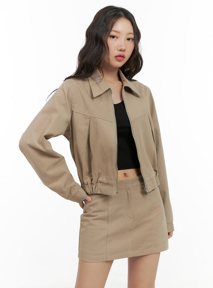 solid-cotton-zip-up-collar-jacket-cg422 / Beige