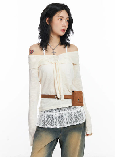 sheer-ribbon-off-shoulder-long-sleeve-top-cj522 / Beige