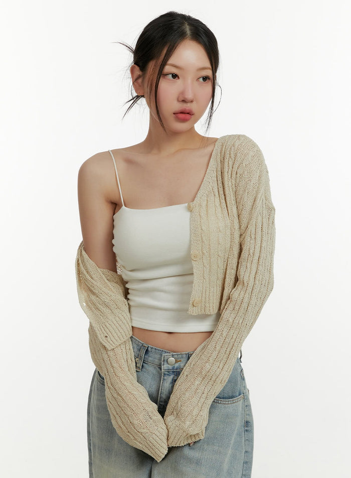 summer-cable-knit-buttoned-cardigan-cy408 / Beige