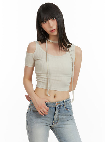 unbalanced-cut-out-crop-top-cu425 / Beige