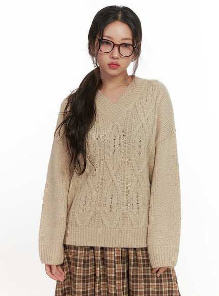 cableknit-v-neck-oversized-sweater-cn426 / Beige