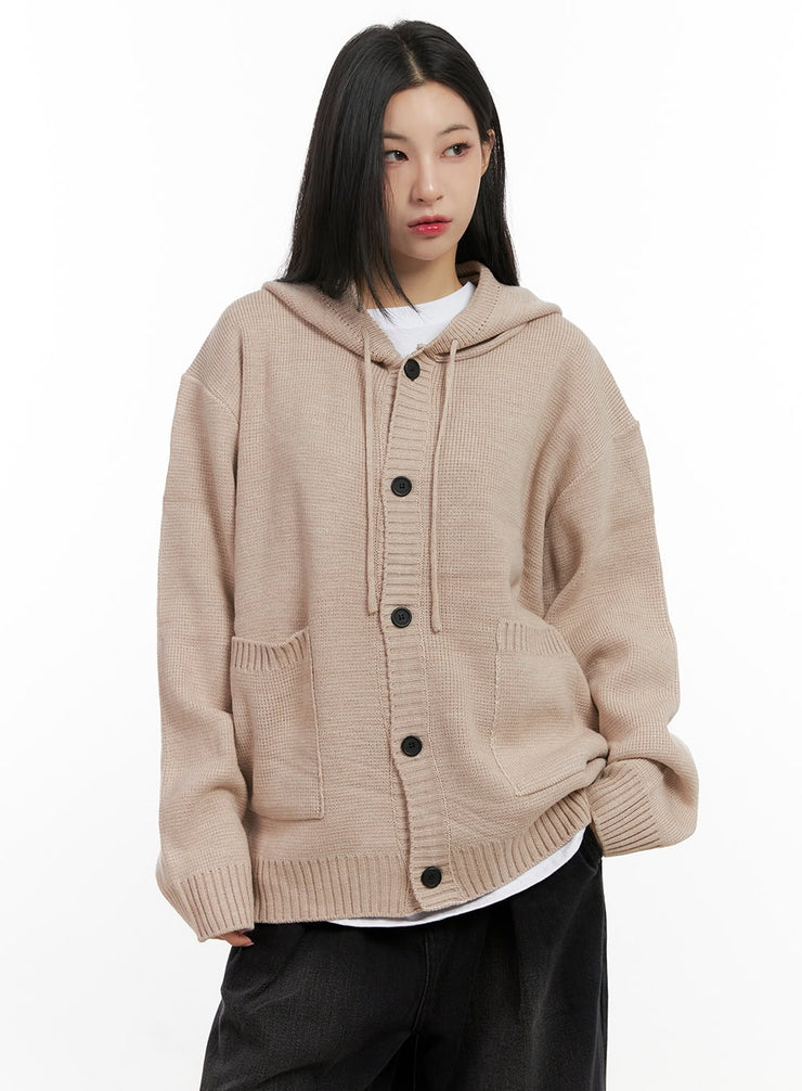 buttoned-loose-fit-hooded-cardigan-cn416 / Beige