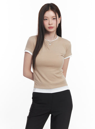 two-tone-layered-tee-cy519 / Beige