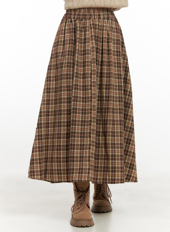 checkered-print-flared-maxi-skirt-cn426 / Beige