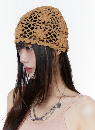 summer-floral-crochet-beanie-cu505 / Beige