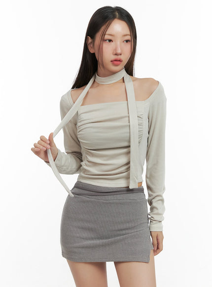 shirred-square-neck-crop-top-co417 / Beige