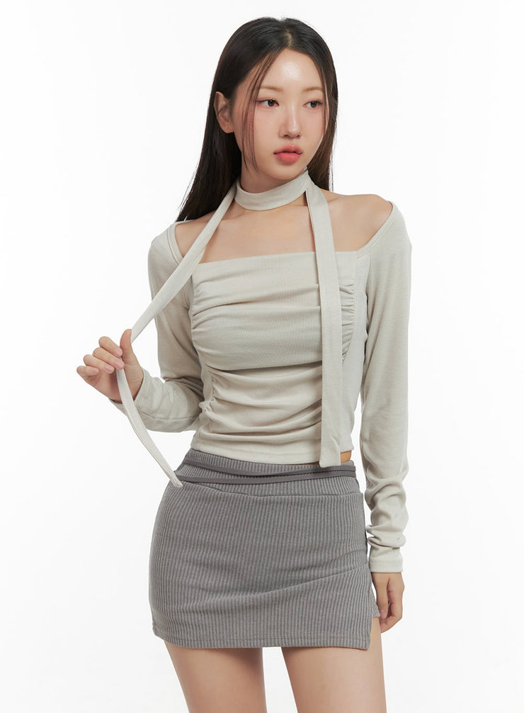 shirred-square-neck-crop-top-co417 / Beige