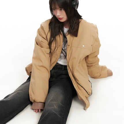 fringe-trim-collared-bomber-jacket-cj501 / Beige