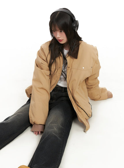 fringe-trim-collared-bomber-jacket-cj501 / Beige