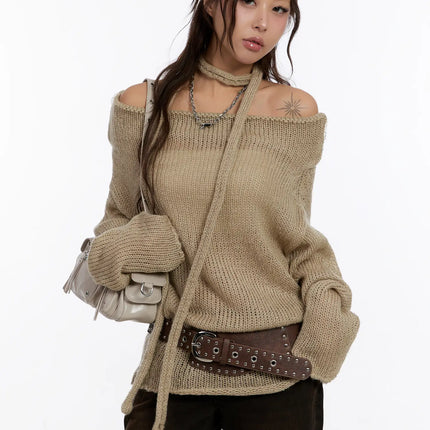 off-shoulder-knit-sweater-with-scarf-cn527 / Beige