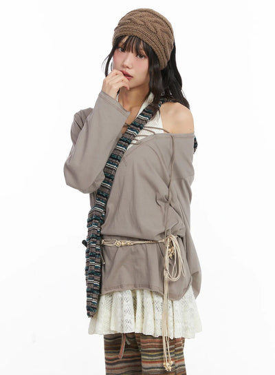 casual-loose-fit-eyelet-tee-cd531 / Beige