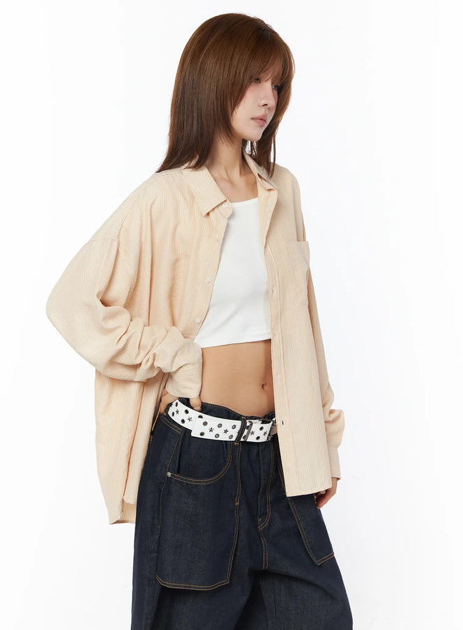 striped-oversized-button-up-shirt-cy528 / Beige