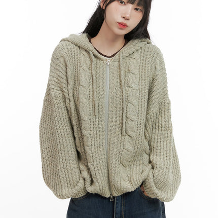 oversized-cable-knit-zip-up-hooded-sweater-cg421 / Beige