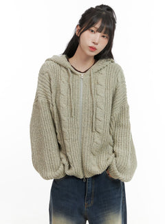 oversized-cable-knit-zip-up-hooded-sweater-cg421 / Beige