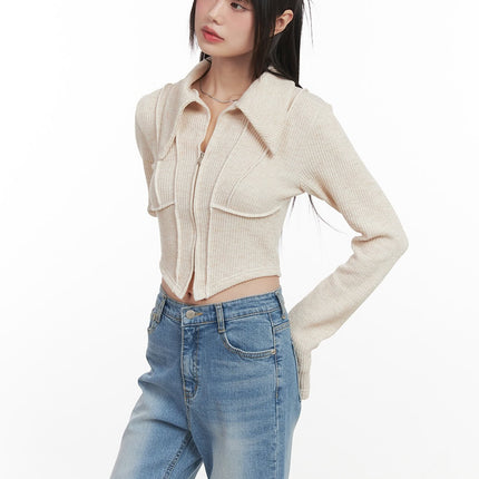 zip-up-collared-long-sleeve-crop-top-cj523 / Beige