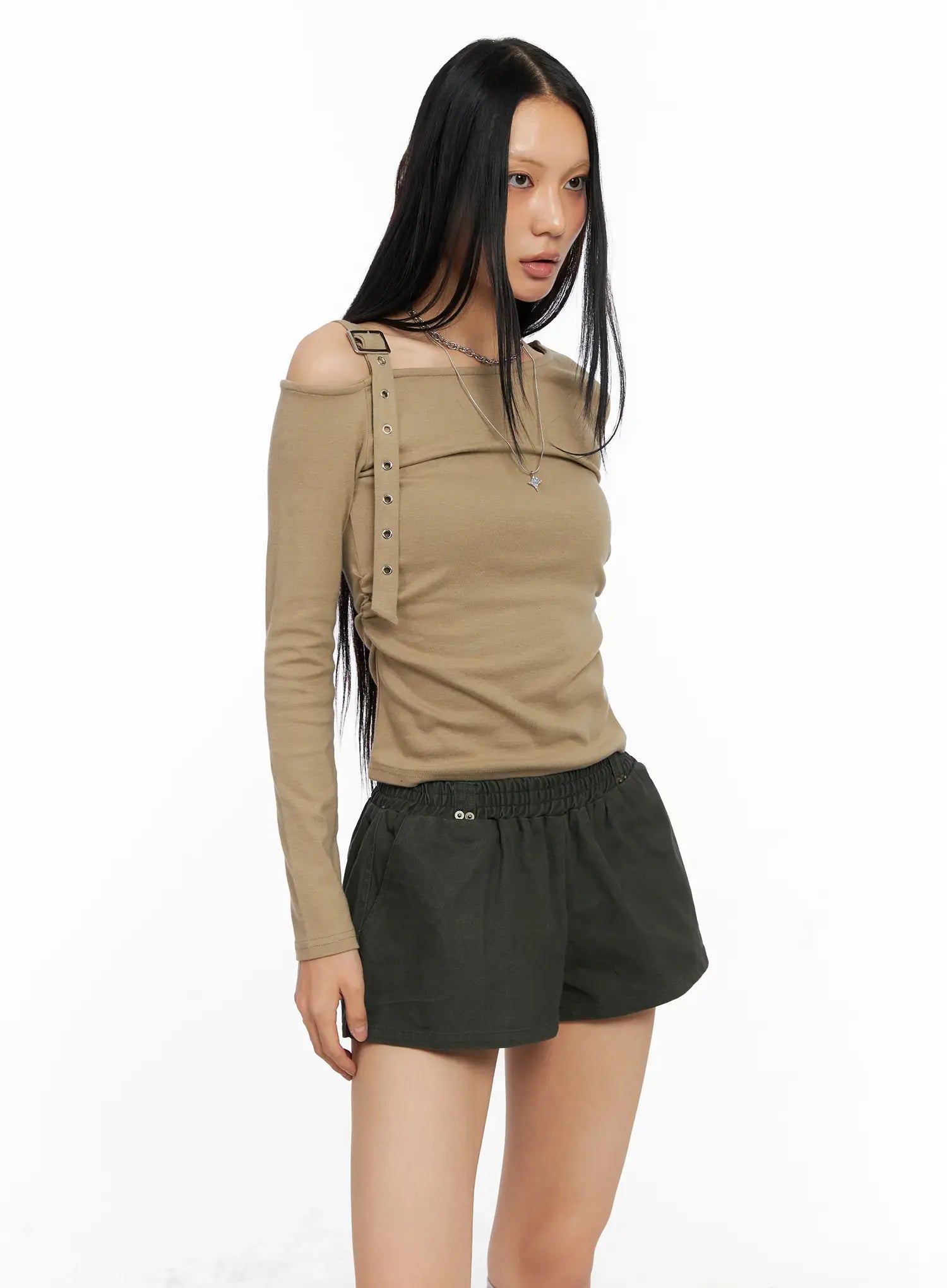 asymmetric-strap-long-sleeve-top-co529 / Beige