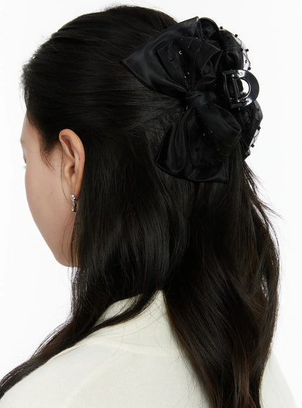 lace-beads-bow-claw-clip-f502 / Black