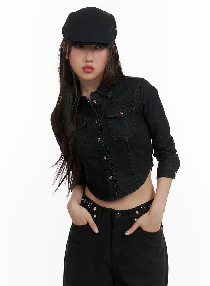 denim-pocketed-button-up-crop-shirt-cy403 / Black