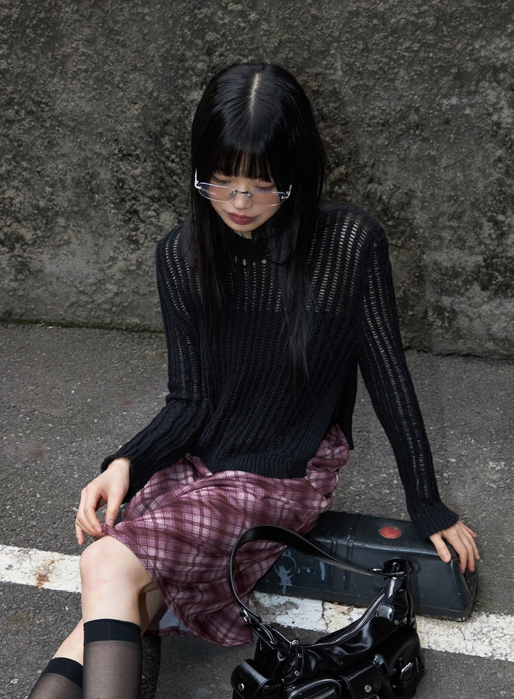 solid-hollow-out-knit-sweater-cm413 / Black