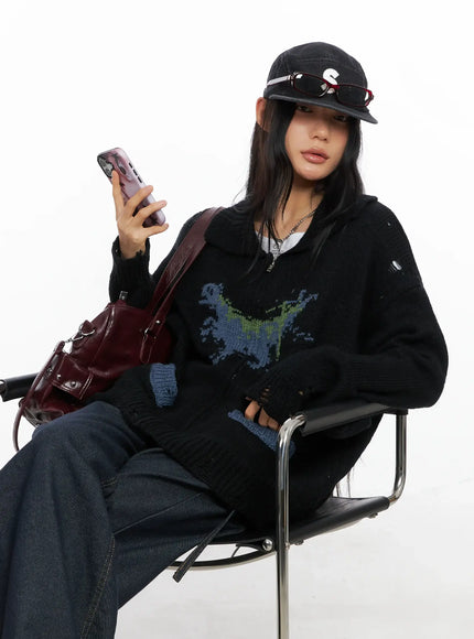 oversized-distressed-knit-zip-up-co528 / Black