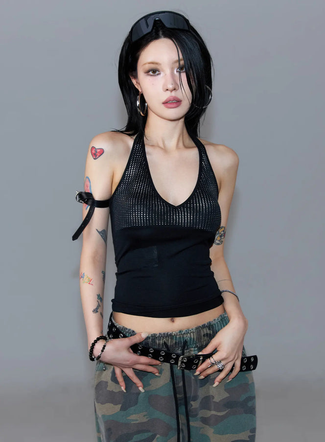 rhinestone-halter-tank-cd1202 / Black