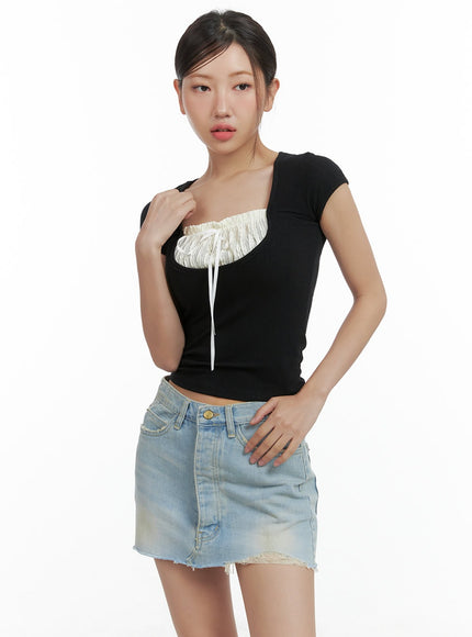 ribbon-shirred-crop-top-cl417 / Black