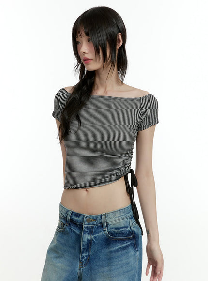 boat-neck-shirred-crop-top-cl426 / Black